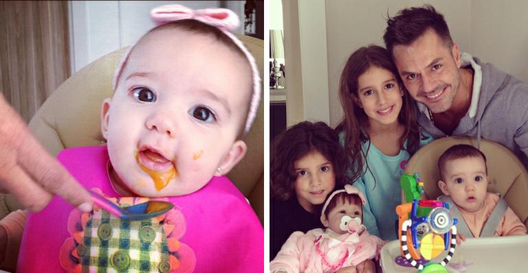 Helena, filha caçula de Rodrigo Faro, se diverte com irmãs na hora da comida