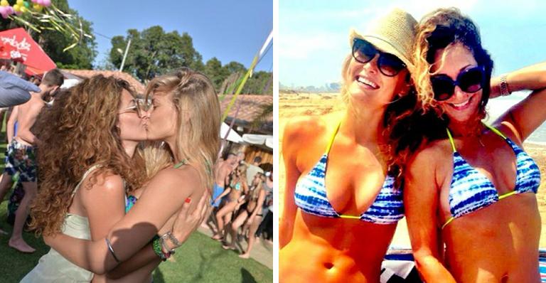 Top Bar Refaeli beija amiga na boca durante festa na piscina