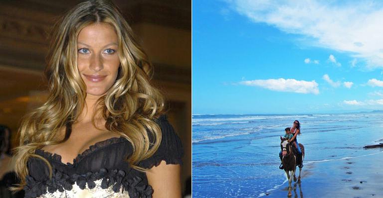 Gisele Bündchen anda a cavalo com o filho em praia