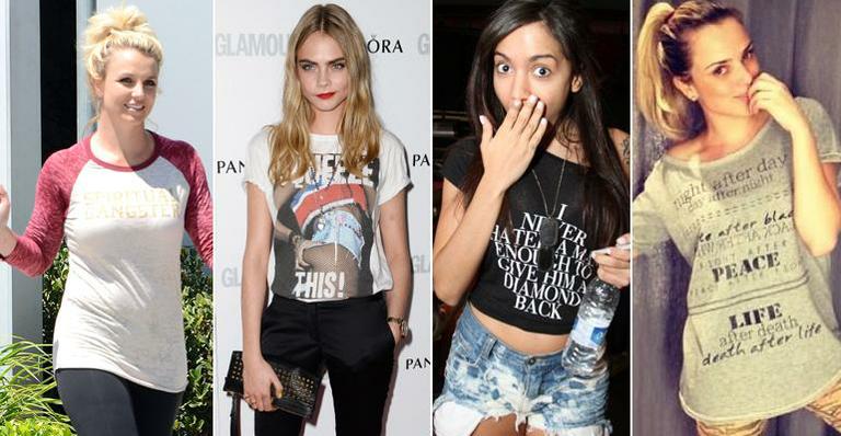 Frases transformam camisetas básicas em itens indispensáveis para famosas fashion