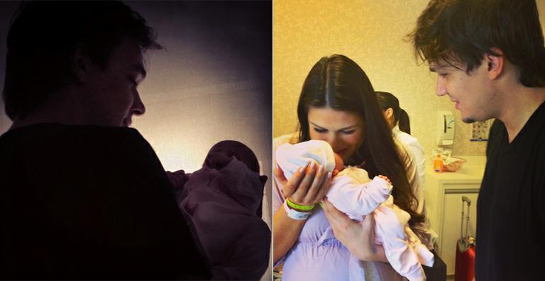 Natália Guimarães mostra Leandro com uma das gêmeas no Dia dos Pais