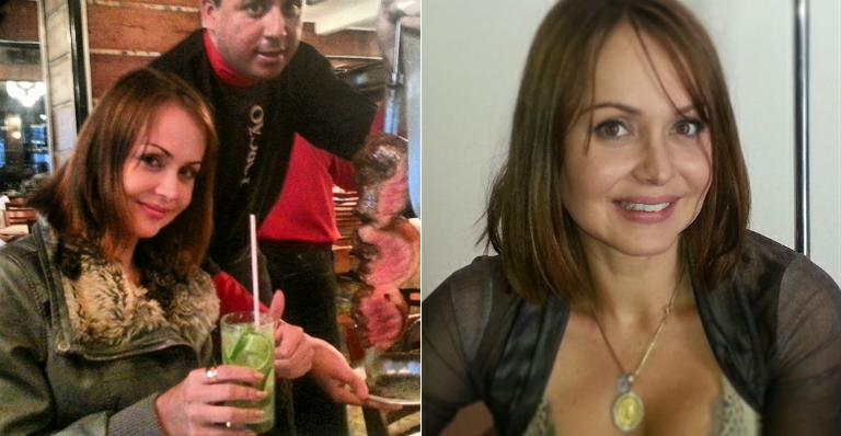 Gaby Spanic chega ao Brasil, vai à churrrascaria e toma caipirinha