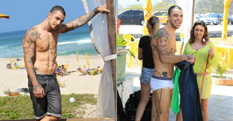Mordomo de Amor à Vida, Felipe Titto troca de roupa e fica só de cueca na praia