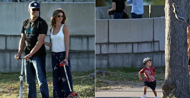 Gisele Bündchen e Tom Brady passeiam com Benjamin, que se encanta com esquilo