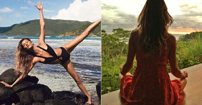 Gisele Bündchen se equilibra em pedras na praia