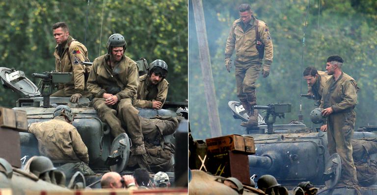 Brad Pitt grava cenas de guerra com roupas militares no filme ‘Fury’