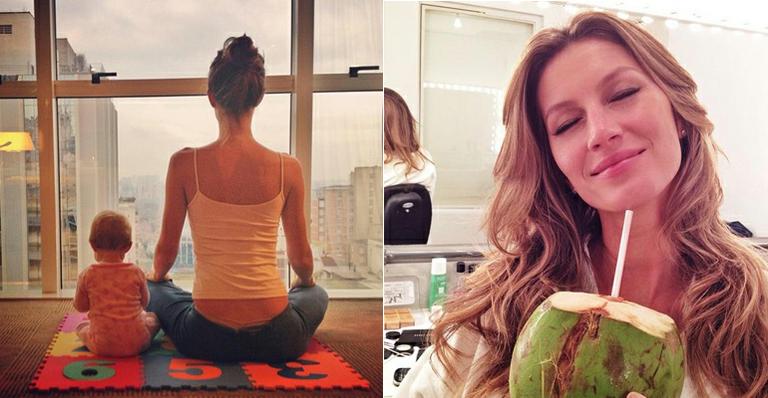 No Brasil, Gisele Bündchen medita em companhia da filha e toma água de côco