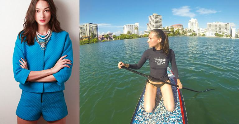 Modelo mantém boa forma com Stand Up Paddle