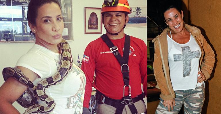 Scheila Carvalho brinca com cobra em gravação