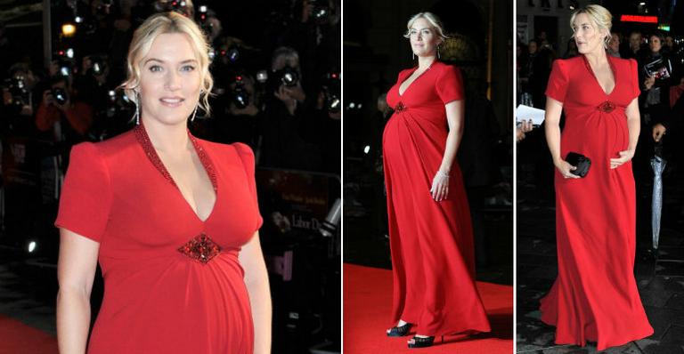 Vestido com decote V e manga curta valoriza a silhueta de grávida de Kate Winslet
