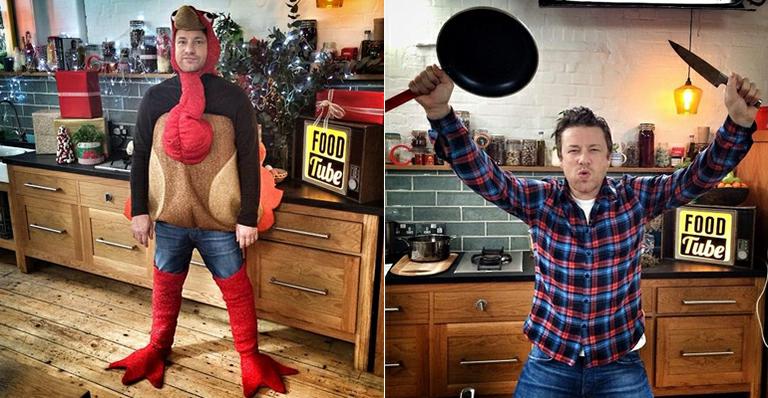Chef Jamie Oliver se veste de peru em gravação de programa