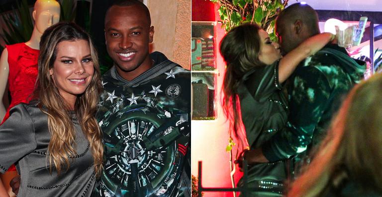 Noivos, Fernanda Souza e Thiaguinho trocam beijos em evento de moda