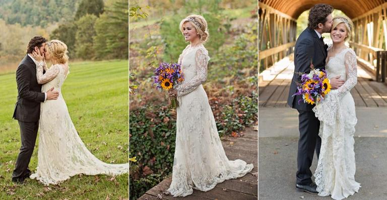 Vestido de noiva retrô de Kelly Clarkson pode disfarçar volume abdominal