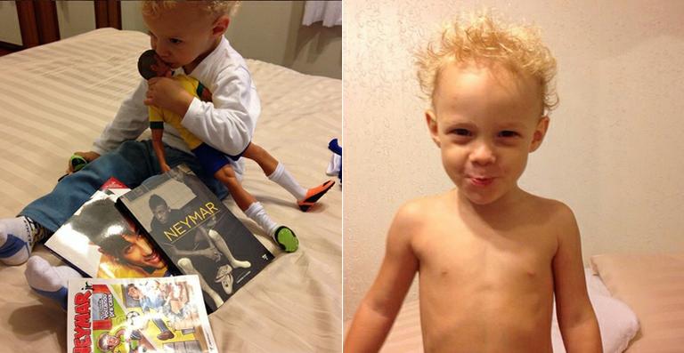 Filho de Neymar mata a saudade do papai com beijo em boneco