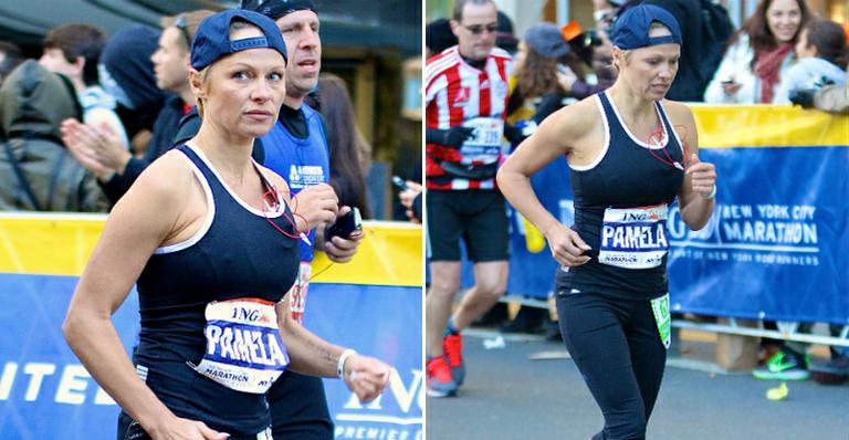 Quase irreconhecível, Pamela Anderson corre maratona de Nova York