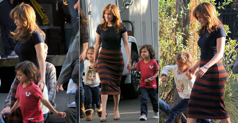 Filhos de Jennifer Lopez visitam a mãe em set de filmagem