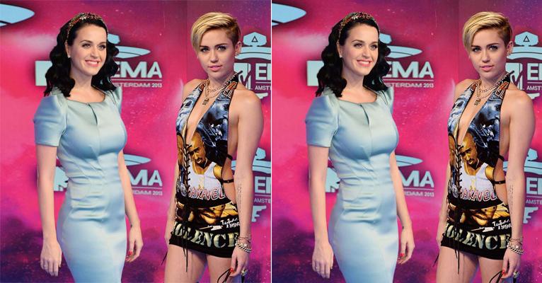 Katy Perry e Miley Cyrus capricham no visual ao irem para o EMA