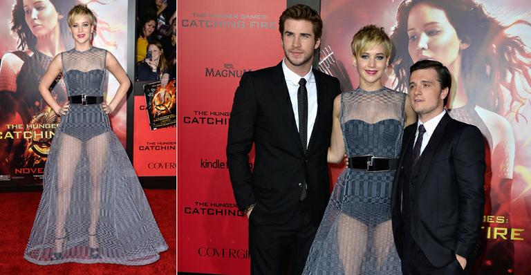 Jennifer Lawrence usa vestido transparente em première de Jogos Vorazes
