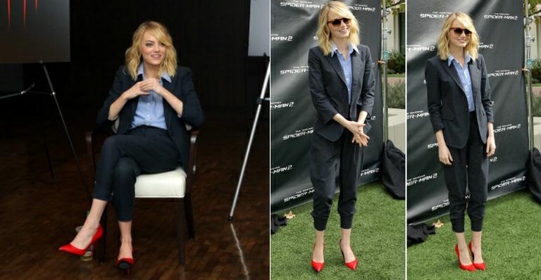 Sem medo de errar, Emma Stone aposta em peças de alfaiataria com camisa jeans