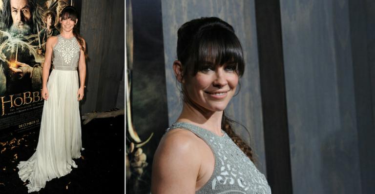 Evangeline Lilly aposta em vestido com bordado na première de O Hobbit