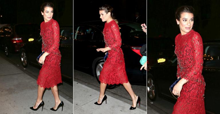 Lea Michele aposta em vestido vermelho de renda. Você usaria?