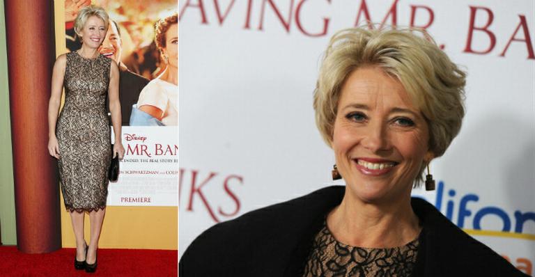 Emma Thompson aposta em vestido de renda em première de filme