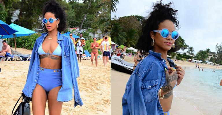 Rihanna vai à praia de tênis e biquíni comportado