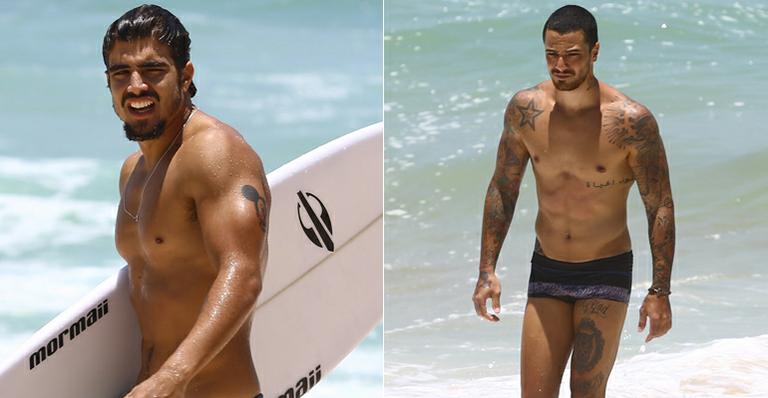 Caio Castro e Felipe Titto mostram corpão e surfam em praia do Rio de Janeiro