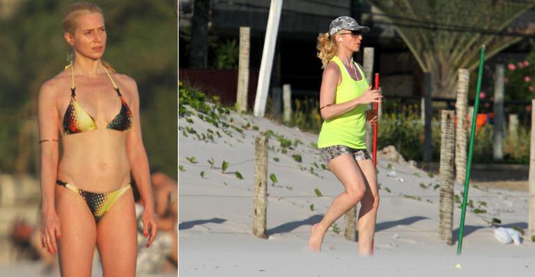 Letícia Spiller faz exercícios em praia no Rio de Janeiro