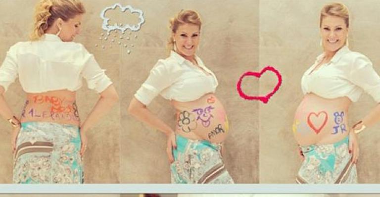 Grávida de 7 meses, Ana Hickmann mostra barrigão com desenhos