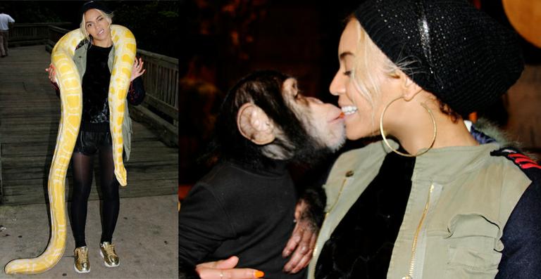 Festa dos bichos: Beyoncé brinca com cobra, dá leite para tigre e beija macaco