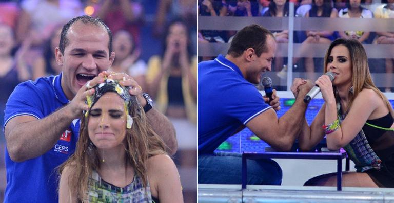 Grávida, Wanessa faz luta de ovos com Junior Cigano na TV