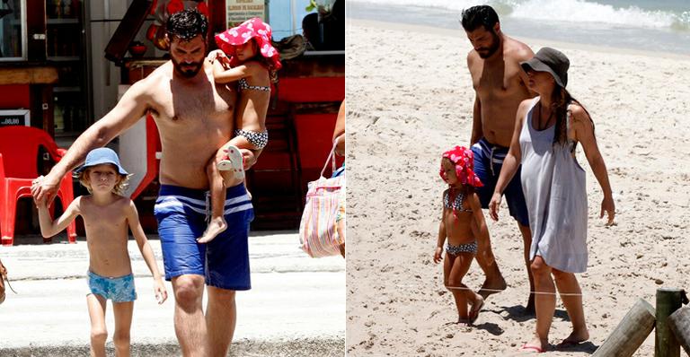 Thiago Lacerda e Vanessa Lóes curtem praia com os filhos