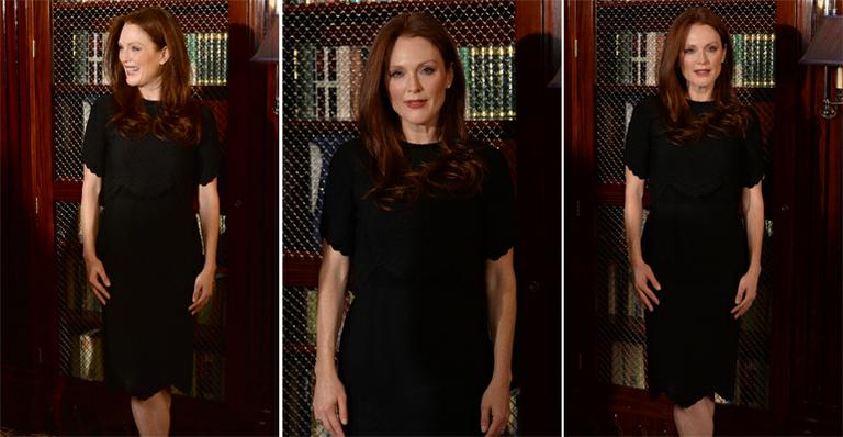 Julianne Moore aposta no preto básico e acerta no visual para première do seu longa Non-Stop