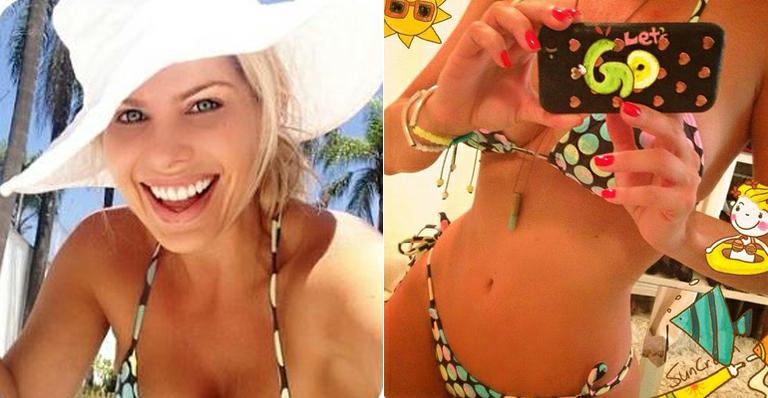 Karina Bacchi mostra barriguinha sarada em um biquíni de bolinhas