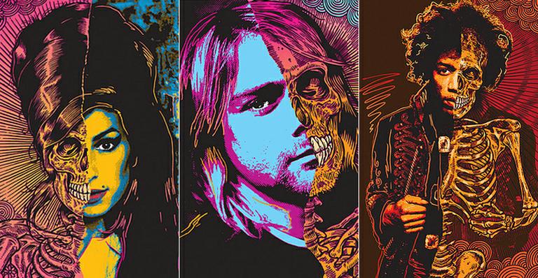 Artista faz desenhos de músicos que morreram aos 27 anos, como Kurt Cobain
