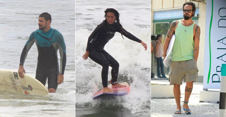 Dia de surfe: Cauã Reymond e Daniele Suzuki surfam em praias do Rio de Janeiro