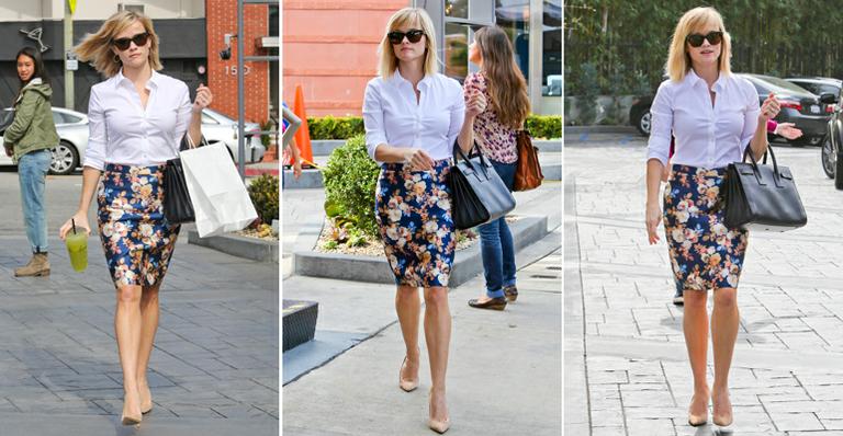Reese Witherspoon mostra como usar a dupla saia e blusa de um jeito formal, mas sem perder a sensualidade
