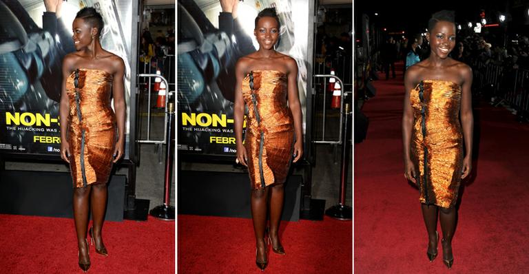Atriz Lupita Nyong’o aposta em vestido Lanvin para estreia do filme Non-Stop. Saiba como usar a tendência metalizada