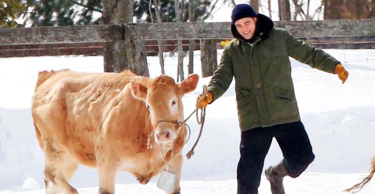 Robert Pattinson roda cenas com uma vaca na neve no Canadá