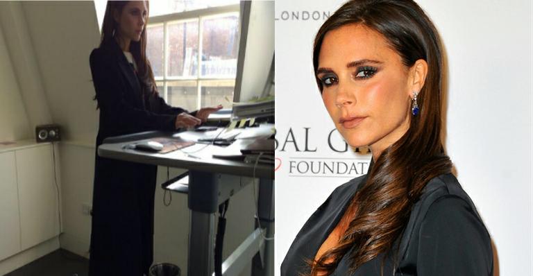 Victoria Beckham caminha na esteira de salto enquanto trabalha