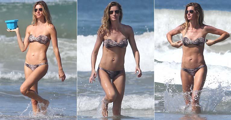 Gisele Bündchen usa biquíni com estampa de leopardo que valoriza suas curvas