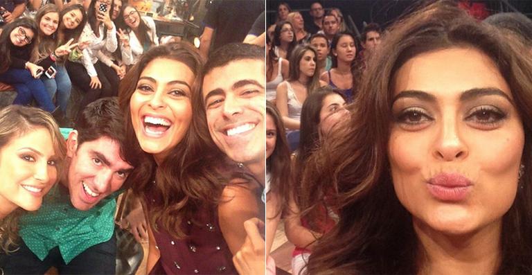 Juliana Paes faz selfie com famosos em gravação do Altas Horas