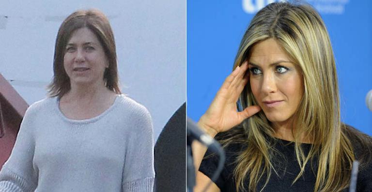 Jennifer Aniston surge quase irreconhecível em set