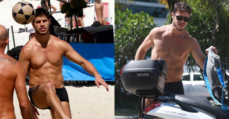 José Loreto exibe boa forma em jogo de futebol na praia