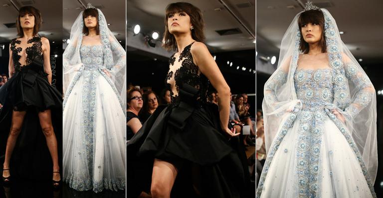 Maria Casadevall desfila com vestidos de noiva azul e preto para Lucas Anderi
