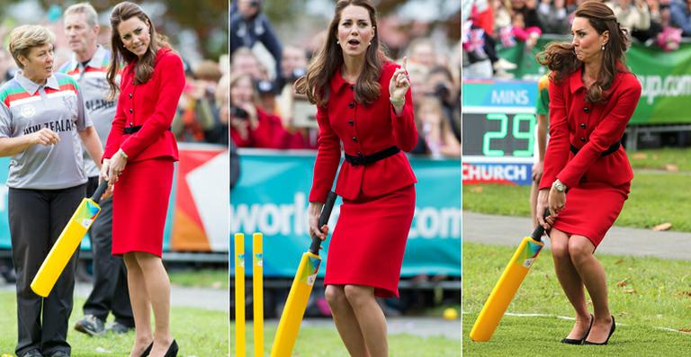 De salto alto, Kate Middleton faz caras e bocas em jogo de críquete