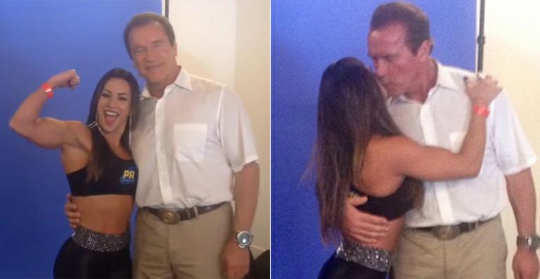 Ex-BBB Michelly Crisfepe dá beijinho em Arnold Schwarzenegger: ‘Momento único’