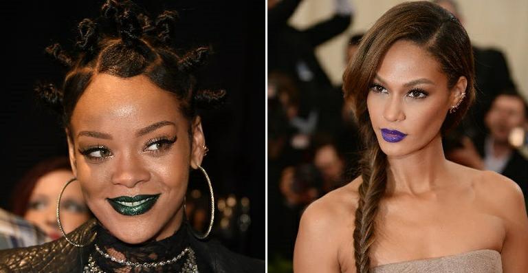 Joan Smalls e Rihanna mostram como usar batons azul e verde. Aprenda