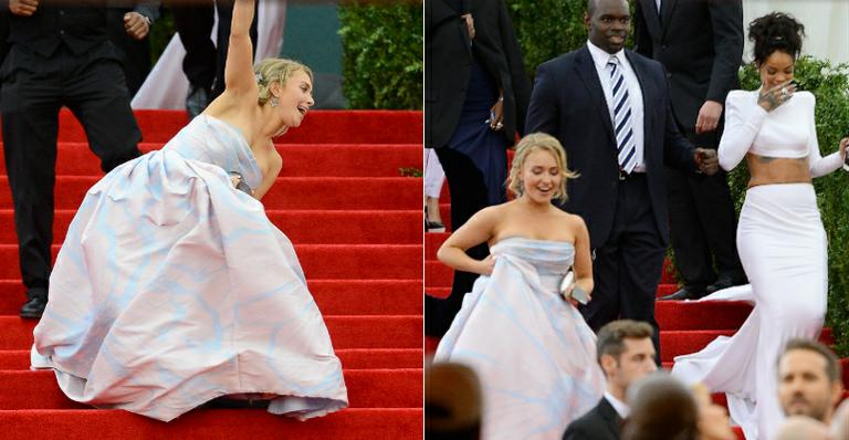 Hayden Panettiere escorrega em evento de gala e Rihanna dá risada